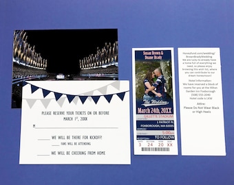 Football Ticket Invitation and RSVP Card, New England Wedding Invite and Postcard Suite Template, New York Tailgate Theme Shower Invite