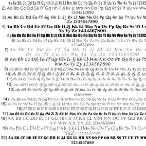 suggested font chart showing multiple lettering style options for custom wedding and event stationery designs
