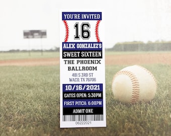 Custom Baseball Birthday Party Ticket Invitation, Happy 16th Birthday Sports Theme Invite, Quinceañera Printable Digital Download Template