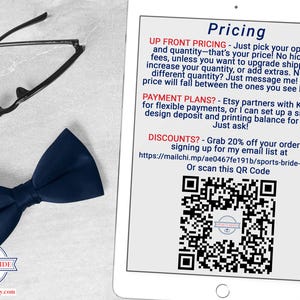 Pricing information displayed on a tablet with a QR code to sign up for a mailing list and get a coupon code beside black glasses and navy bow tie on light grey surface with CuttingItUp.etsy.com branding