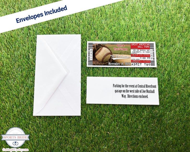 A baseball ticket invitation, front and back, and the white envelopes that are included over a grass background