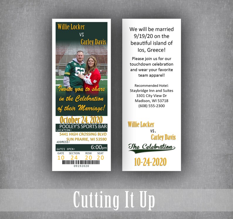 Football Wedding Ticket Invitations and RSVP Postcard, Green Bay Sports Theme Tailgate Party Invite Set, Unique Oregon Reception Card image 5