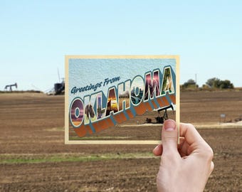 Greetings From Tulsa Oklahoma Save the Date Postcard | Retro Enid Big Letter Invite Design | Rustic OK Wedding or RSVP Card