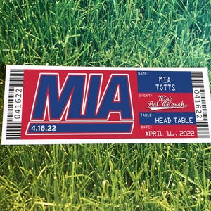 Bat Mitzvah Place Card Ticket Template, New York 13th Birthday Name Table Placecards, Buffalo Football Bar Mitzvah Ticket