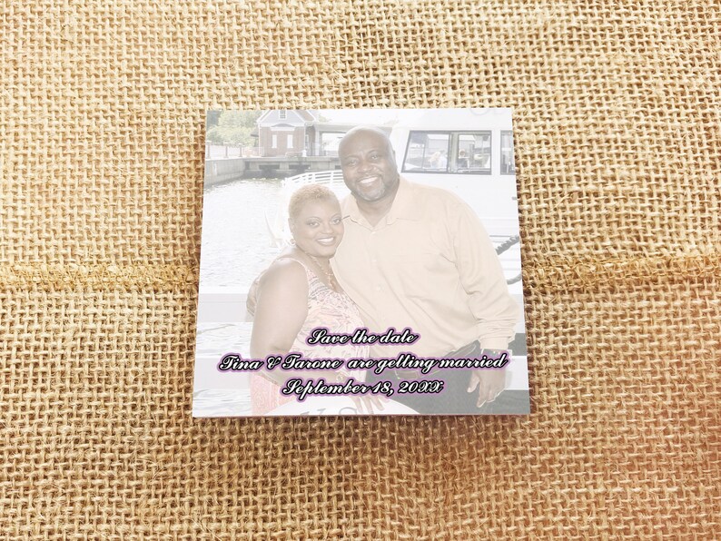 Square Post-it note save the date with a couple’s photo and wedding announcement text printed on a sticky note