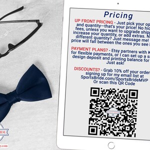 Pricing information displayed on a tablet with a QR code to sign up for a mailing list and get a coupon code beside black glasses and navy bow tie on light grey surface with CuttingItUp.etsy.com branding
