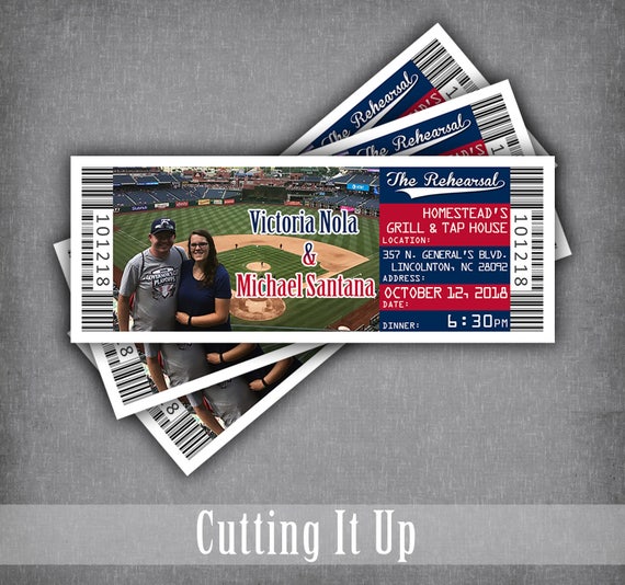 baseball wedding rehearsal dinner ticket invitations sports theme printable game invite philadelphia phillies couples engagement party dinner ticket design