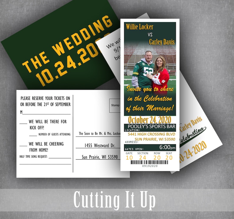 Football Wedding Ticket Invitations and RSVP Postcard, Green Bay Sports Theme Tailgate Party Invite Set, Unique Oregon Reception Card image 1