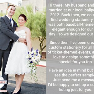 Wedding couple standing outdoors in a sunny ballpark setting, with text describing the shop’s story and custom sports-themed stationery services.