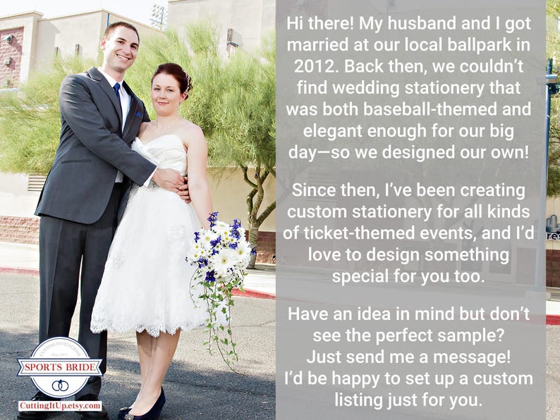 Wedding couple standing outdoors in a sunny ballpark setting, with text describing the shop’s story and custom sports-themed stationery services.