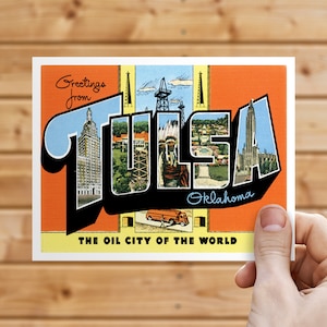 Les salutations de Tulsa, Oklahoma font gagner carte postale | Design d'invitation grande lettre Enid | Carte d'invitation de mariage rustique OK imprimée