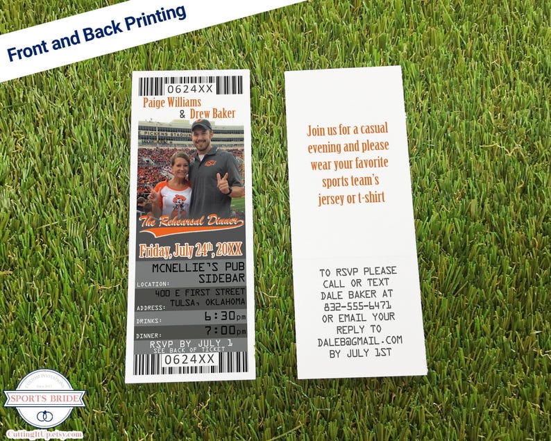 Football Ticket Wedding Rehearsal Dinner Invitations, Football Theme Invite Template, Oklahoma State Sports Wedding Printable Tickets image 2
