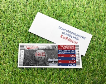 Ticket Save the Date Magnet with Baseball Photo, Red and Blue Sports Theme Wedding Invitation, Custom Red and Blue Team Colors Design