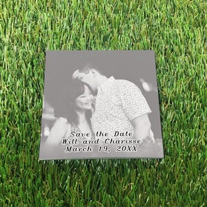 Custom save the date Post-it notes featuring a personalized photo and wedding date, shown as a square sticky note design