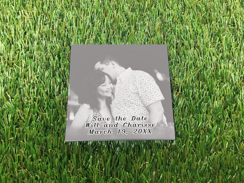Custom save the date Post-it notes featuring a personalized photo and wedding date, shown as a square sticky note design