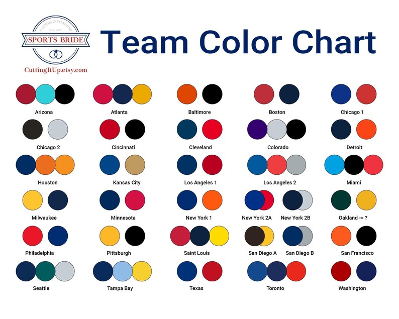 baseball team color chart showing professional team inspired color palettes for custom wedding stationery, invitations, signs and sports themed paper goods