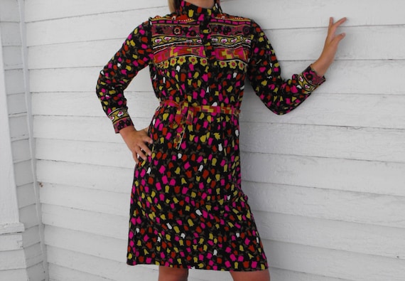 Vintage 1970s Mod Boho Spring Floral Print Dress L