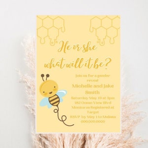 Wat zal het zijn? Baby shower gender reveal sjabloon, Bumble Bee baby shower uitnodiging, luier partij uitnodiging sjabloon