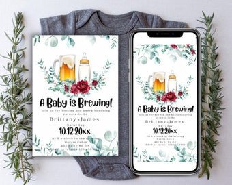 Een baby brouwt een babyshoweruitnodiging, een baby brouwt een biershowersjabloon | Genderneutrale bewerkbare uitnodiging voor babyshower