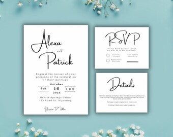 Minimalist Wedding Invitation Set Template, Minimal Minimalism Wedding invitation editable Template| Black and White Wedding invitation
