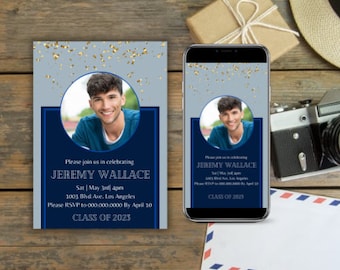 Invitación de graduación de Blue Boys con foto, invitación de graduación de la escuela secundaria, plantilla de descarga instantánea de fiesta de graduación de chicos editables