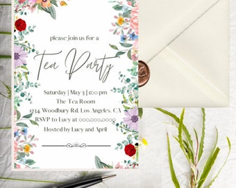 Invito al tea party, invito al tea party per ragazze floreali