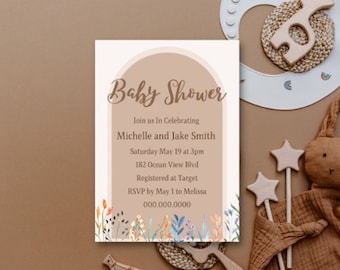 Boho Beige Minimal Baby Shower Editable Invitation Template