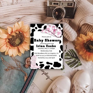 Pink Cowgirl Baby Shower Party Invitation Template, Cowgirl hat Baby Shower invite template editable