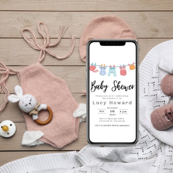 Clothes Lines Baby Shower Minimal Invitation Editable Digital Printable Template| gender neutral baby shower invitation editable