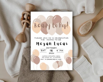 Neutral Ready To Pop Baby Shower Invitation with games Template, Cream Theme  Baby Shower Invitation Editable Template
