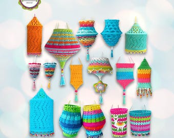 Crochet pattern package Lanterns, Lampions and Lampshades, 9 Colorful Boho Style Crochet Patterns for Gardens & Homes, PDF Guide 135 pages