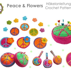 Crochet pattern peace sign, peace pincushion, flowers, keychains, peace applications, baghanger, pendant, crochet tutorial, PDF (US terms)