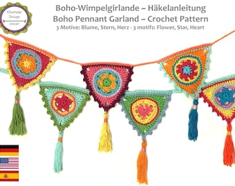 Crochet Pattern, Boho Bunting, Pennant Garland, 3 motifs, Heart, Flower, Star, PDF, English (US terms) + Espagnol