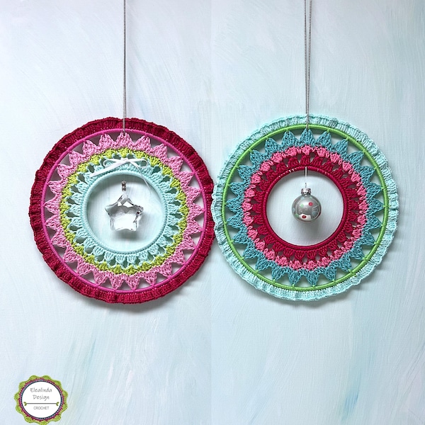 Crochet Pattern Suncatcher "Christmas Wreath", Hanging Wall + Window Decor, Door Wreath, Christmas & Year-Round, PDF