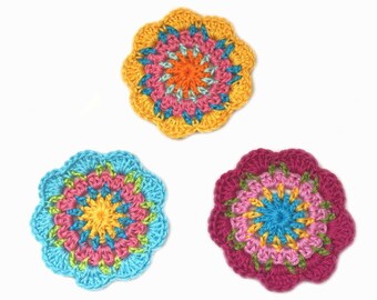 Flowers, crochet flowers, boho, patch, application, coaster, crocheted, 3 pieces, set