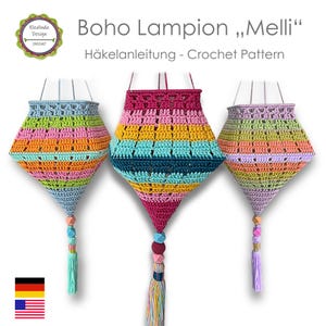 Crochet pattern Boho Lantern MELLI Lampions Crochet Tutorial Boho Living Crochet lampshade, crochet lamp garden decoration, PDF download