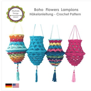 Crochet Pattern, Crochet Lamp, Boho Flowers Lampion, lanterns, Boho Lamp, Crochet Lantern, PDF (US terms), German, English