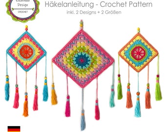 Crochet Pattern, Dreamcatcher, Boho Living, Square Shape, Wall Hanging, Decor, Dream Catcher in 2 Sizes, 2 Designs, ENGLISH (US Terms)