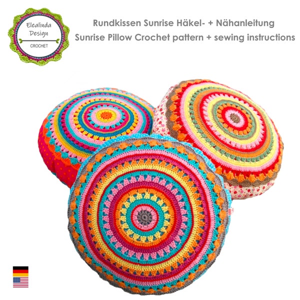 Crochet Pattern Round Cushion SUNRISE, Cushion With Crochet Application, incl. Sewing instructions PDF (US terms)