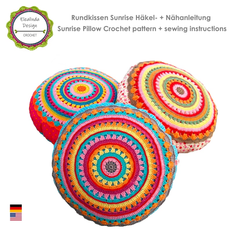 Crochet Pattern Round Cushion SUNRISE, Cushion With Crochet Application, incl. Sewing instructions PDF US terms image 1