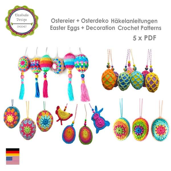 Crochet pattern package, Easter Decoration, Easter Eggs, Boho Style, Bunny, Chick, ENGLISH (US terms)