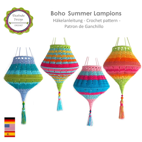 Häkelanleitung Boho Summer Lampions, Laternen, Häkellampe, Boho Lampe, Sommerdeko Lampion, Gartendeko gehäkelt, PDF. Sofort Download