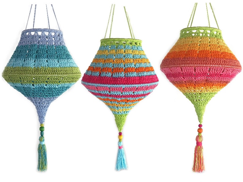 Crochet Tutorial Boho Summer Lampions, lanterns Crochet pattern, Boho Living, Crochet lampshade, crochet lamp, garden decoration, US terms image 2