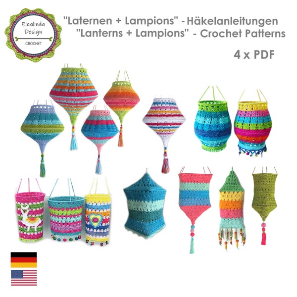 Crochet pattern package lampshades, 4 x PDF, Lanterns, Bestseller patterns, Lampions, Boho Lamps, Boho Living, ENGLISH (US terms)