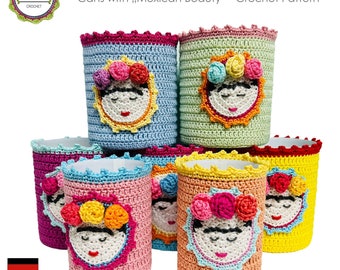 Crochet Pattern Can Covers "Mexican Beauty", Storage Cans, Upcycling Crochet, Colorful Crochet Decor, + Extra Bonus Russian Doll Appliqué