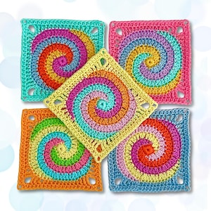 May include: Five square crochet motifs featuring vibrant, multi-colored spiral patterns. Each piece displays a unique combination of bright yarn colors including pink, orange, yellow, green, blue, and purple. A small logo reads Elealinda Design.