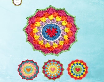 Crochet Pattern Heart Mandala, Boho Living Decor, Coaster with heart motif