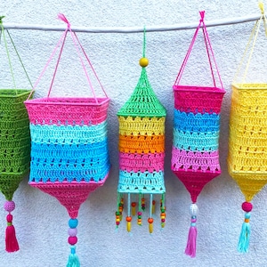 Crochet pattern Boho Square Lantern lampion garden decor with lights lamp as summer decoration lampshade, US terms PDF download