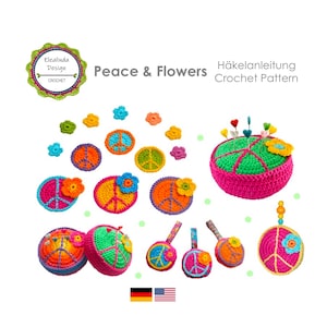 Häkelanleitung Peace Zeichen Flower Power Nadelkissen, Applikationen, Taschenbaumler, Anhänger gehäkelt, PDF