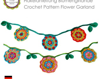 Crochet Pattern Colorful Flower Garland Bunting, Spring Floral Decor, Garden Decoration, Flower Garland, PDF Ebook, Instant Download